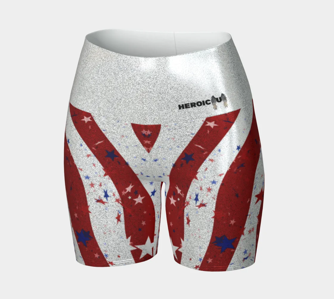 Stars & Stripes Sparkle: American Flag Glitter Yoga Shorts