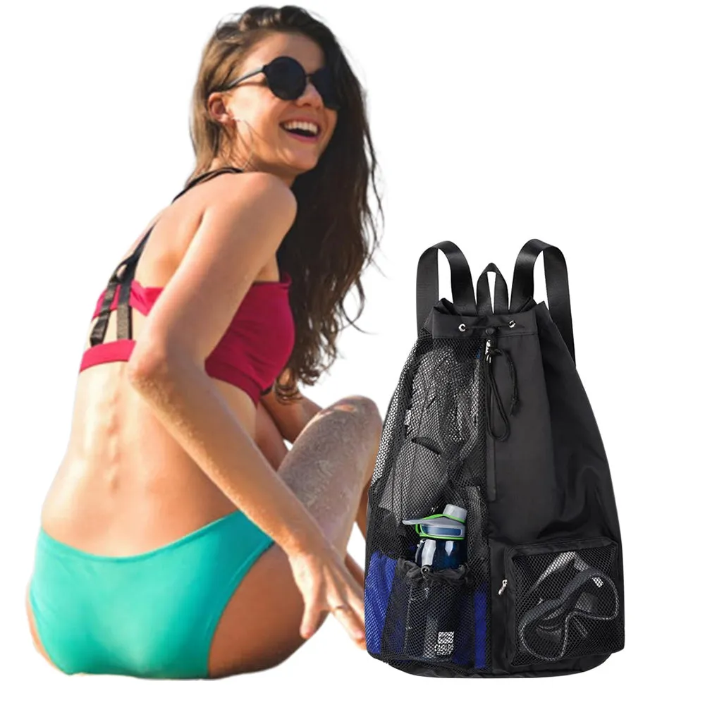 Swim Bag with Wet Pocket Mesh Drawstring Backpack for Swimming Gym Black