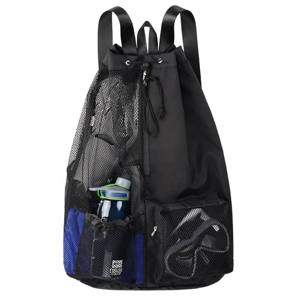 Swim Bag with Wet Pocket Mesh Drawstring Backpack for Swimming Gym Black