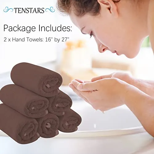 TENSTARS Silk Hemming Hand Towels for Bathroom - Quick Drying - Ultra Soft Microfiber Absorbent Towel for Bath Fitness, Gym, Shower, Hotel, and Spa - 16x28 Inch | Set of 6, Wood Brown