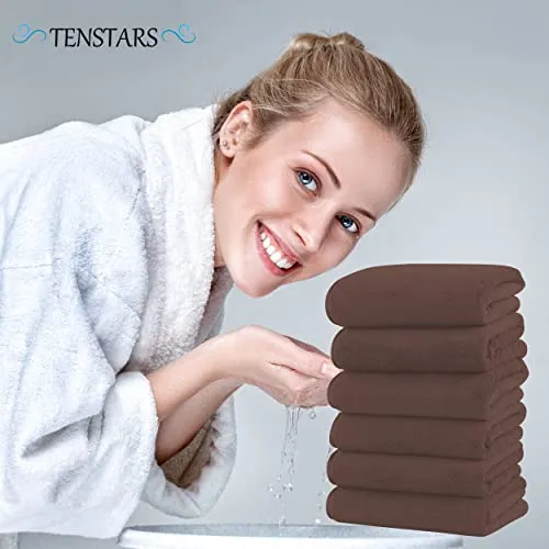 TENSTARS Silk Hemming Hand Towels for Bathroom - Quick Drying - Ultra Soft Microfiber Absorbent Towel for Bath Fitness, Gym, Shower, Hotel, and Spa - 16x28 Inch | Set of 6, Wood Brown
